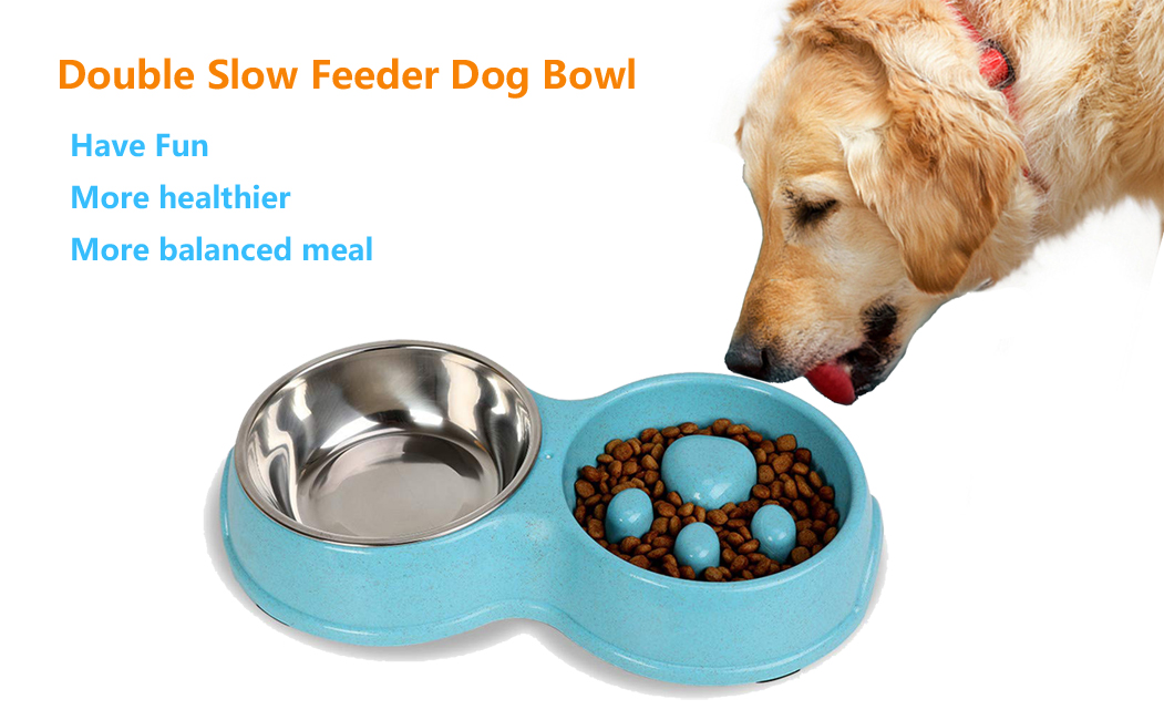 New double bowl slow food bowl, silicone stainless steel anti-choking dog&cat bowl(图1)