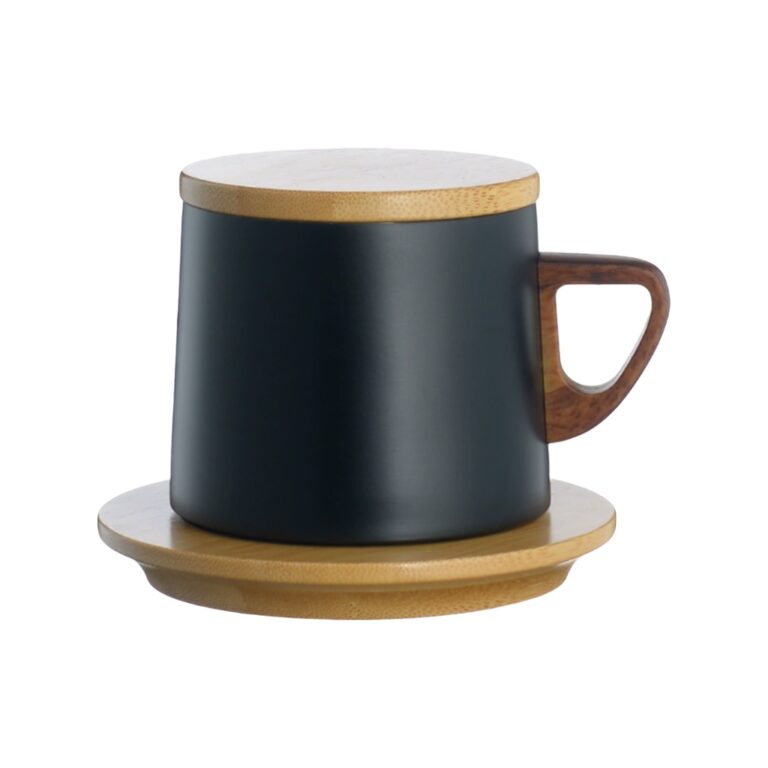 stainless steel cup with wooden mat
