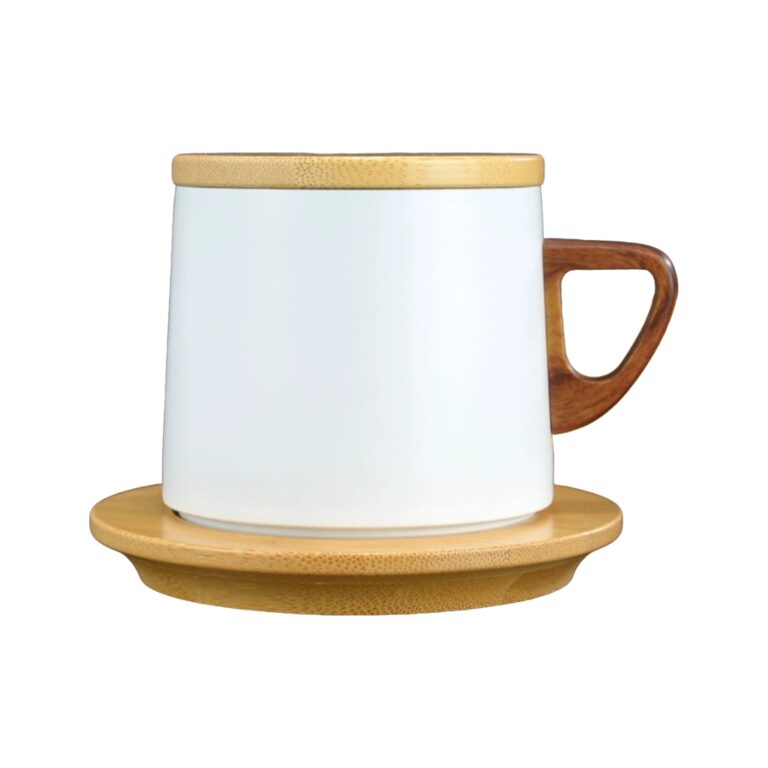 stainless steel cup with wooden mat