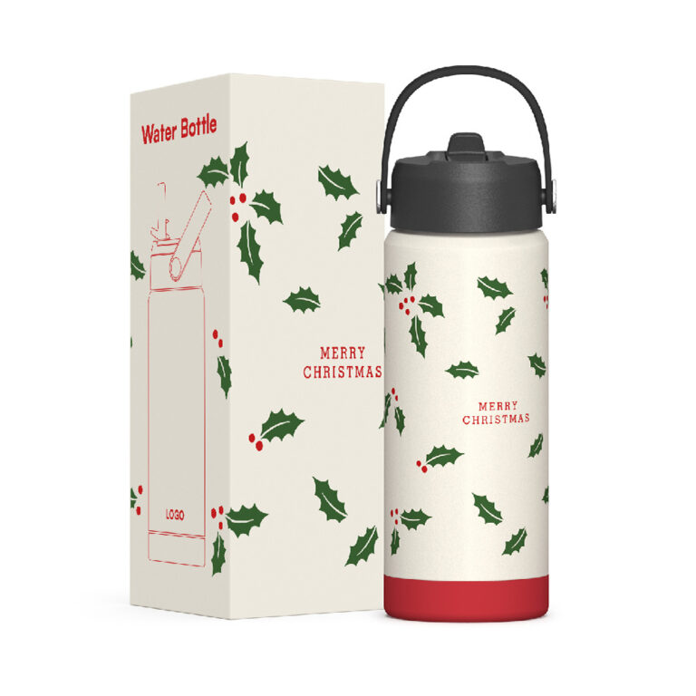 Christmas-Themed Insulated Bottle with Straw