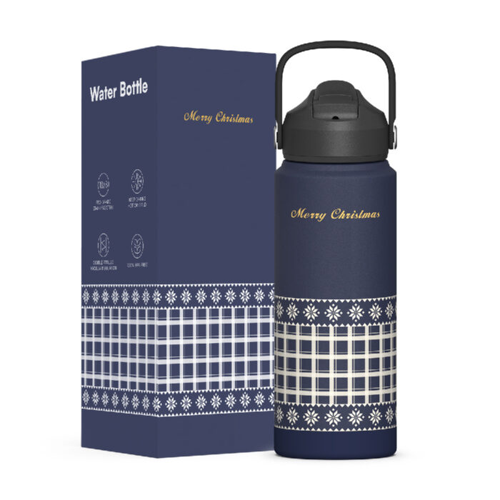 Christmas-Themed Insulated Bottle with Straw