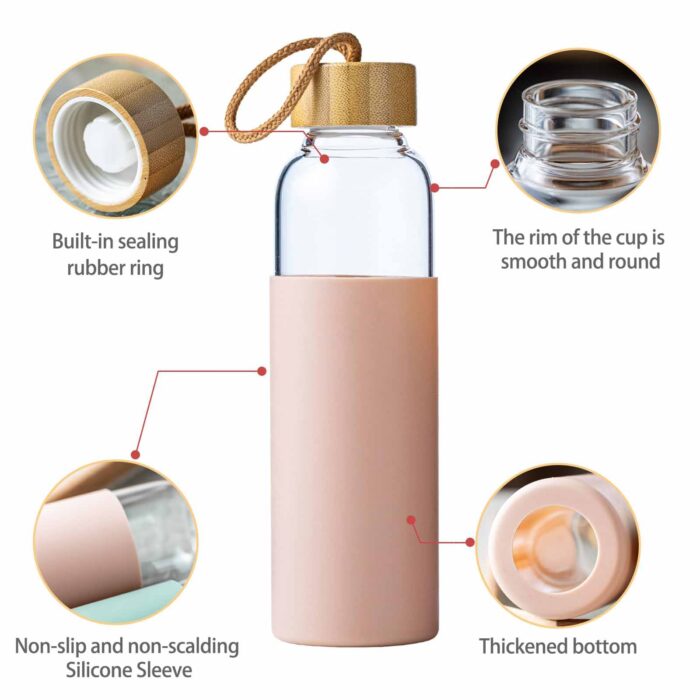 Glass Water Bottle with Silicone Bamboo Lid