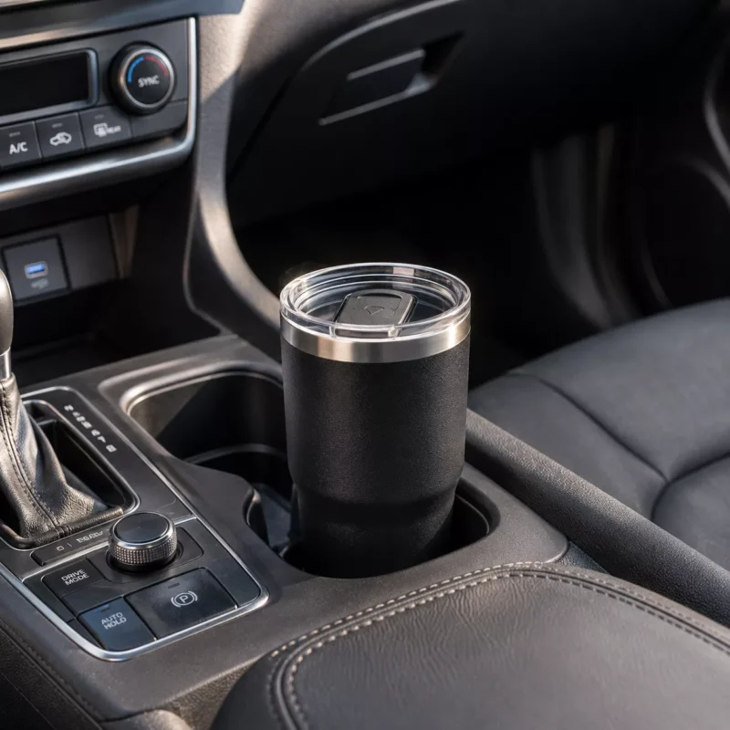 Jarrino custom car cup sitting securely in a vehicle cup holder
