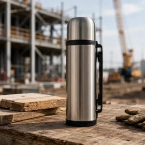 Vacuum insulated thermos bottle on a construction site bench