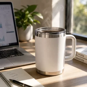 Wide mouth insulated tumbler with hot coffee on a sunlit desk