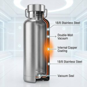 Technical cross-section of Jarrino insulated water bottle showing 18/8 нержавеющая сталь, vacuum layer, and copper coating technology.