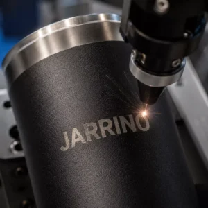 Close-up of deep laser engraved logo on a matte black Jarrino car cup