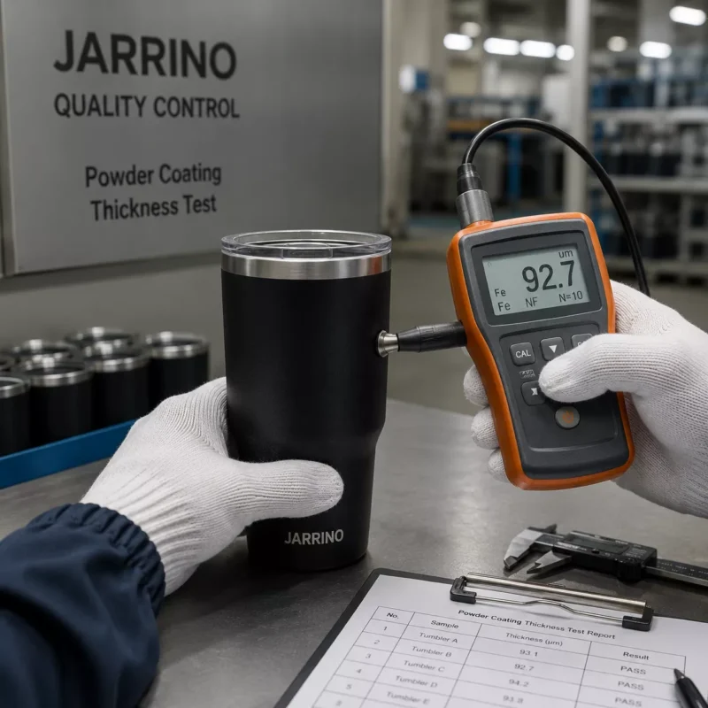 Jarrino factory technician performing powder coat adhesion testing on a stainless steel car cup