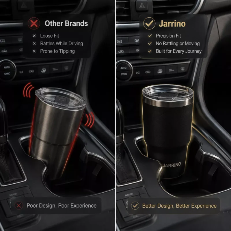 Generic tumbler wobbling in cup holder vs Jarrino car cup designed for a perfect fit