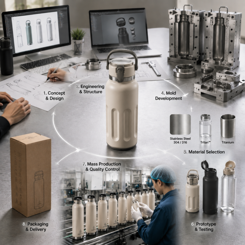 How fully custom water bottles are made from design, mold development, prototype testing, and mass production